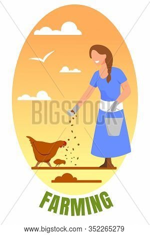 Farming Banner. Young Woman In Working Robe With Bucket Feeding Chicken. Girl Care Of Fowl On Farm, 
