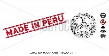 Corroded Red Stamp Seal With Made In Peru Caption Inside Double Parallel Lines, And Mosaic Depressio