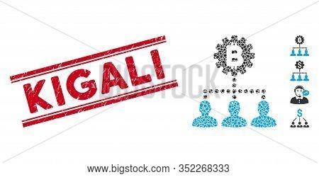 Rubber Red Stamp Seal With Kigali Phrase Between Double Parallel Lines, And Collage Bitcoin Service 