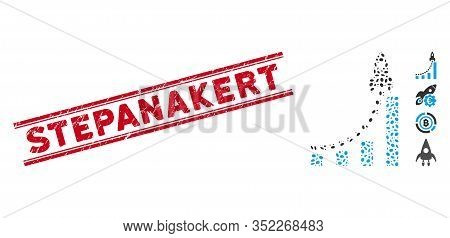 Grunge Red Stamp Seal With Stepanakert Phrase Between Double Parallel Lines, And Mosaic Rocket Busin