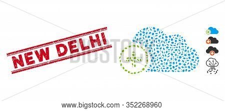 Distressed Red Stamp Seal With New Delhi Caption Inside Double Parallel Lines, And Collage Add Cloud