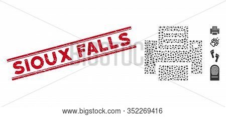 Grunge Red Stamp Seal With Sioux Falls Caption Between Double Parallel Lines, And Collage Print Icon