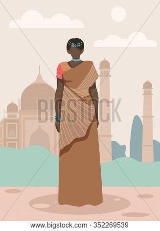 Woman In Indian Sari On Taj Mahal Background. Vector Illustration. Travel Agency. Tourism Developmen
