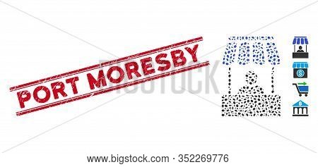 Grunge Red Stamp Watermark With Port Moresby Caption Between Double Parallel Lines, And Mosaic Marke
