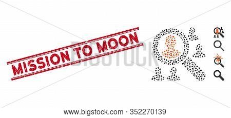 Distressed Red Stamp Watermark With Mission To Moon Phrase Inside Double Parallel Lines, And Collage