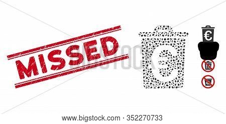 Rubber Red Stamp Watermark With Missed Text Inside Double Parallel Lines, And Mosaic Euro Trash Icon