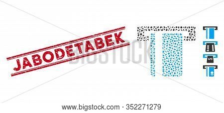 Rubber Red Stamp Seal With Jabodetabek Phrase Inside Double Parallel Lines, And Mosaic Atm Terminal 