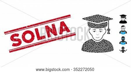 Grunge Red Stamp Seal With Solna Text Inside Double Parallel Lines, And Mosaic Professor Icon. Mosai