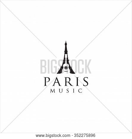 Paris Guitar Logo Design Stock Illustration . Paris Music Logo . Eiffel Tower Music Logo