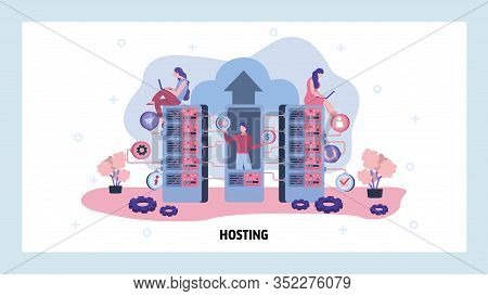 Data Center And Cloud Storage. Hosting, Computer Technology, Server, Data Center Engineer Team. Vect