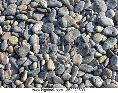 Pebbles On The Beach. Abstract Background With Round Pebbles Stones