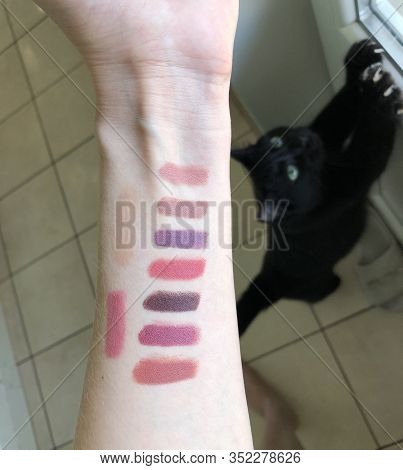 The Girl Is Testing New Products On Her Hand. Shades Of New Lipstick. Swatches