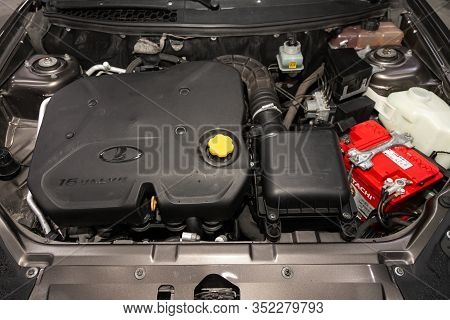 Novosibirsk, Russia - January 24, 2020:  Lada Priora, Closeup Of A Clean Motor Block, . Internal Com