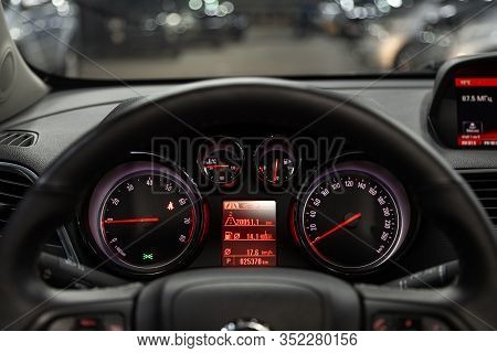Novosibirsk, Russia - January 11, 2020:   Opel Mokka,dashboard Of The Car Is Illuminated By Bright I