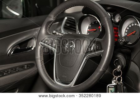 Novosibirsk, Russia - January 11, 2020:   Opel Mokka, Dashboard, Player, Steering Wheel With Logo An