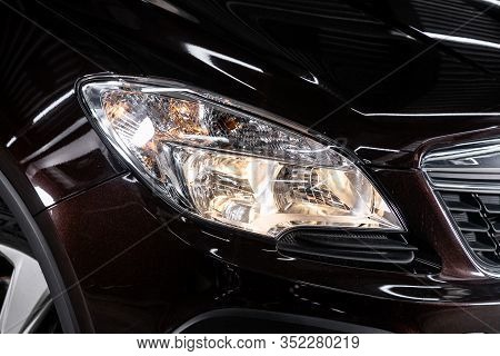 Novosibirsk, Russia - January 11, 2020:   Opel Mokka, Detail Light Close Up Of On New Car. Exterior 