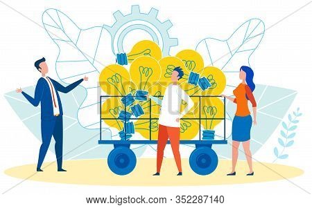 Giving New Ideas To Boss, Manager Illustration. Coworkers, Colleagues Giving Productivity Report To 