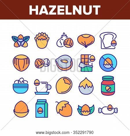 Hazelnut Organic Food Collection Icons Set Vector. Hazelnut In Coffee And Chocolate Candy, Peanut Bu