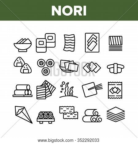Nori Seaweed Asia Food Collection Icons Set Vector. Nori For Sushi And Rolls, Soup And Seafood, Heap