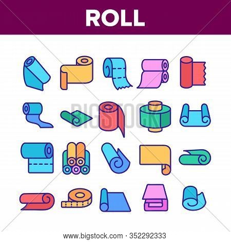 Roll And Reel Material Collection Icons Set Vector. Toilet Paper And Textile Roll, Towel And Carpet,