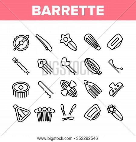 Barrette Accessory Collection Icons Set Vector. Barrette Pin Fashion Stylish Hair Tool With Flower, 