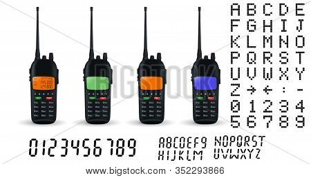 Radio Transceivers. Collection Of Devices, Font And Numbers. Vector Illustration