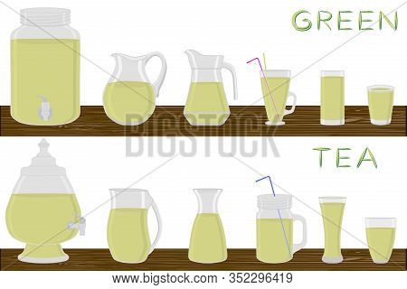 Big Kit Different Types Glassware, Green Tea In Jugs Various Size. Glassware Consisting Of Organic P