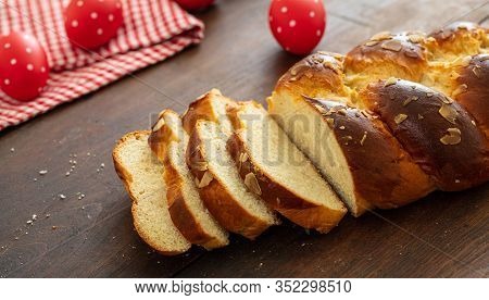 Easter Greek Tsoureki Braid, Sweet Bread Brioche On Wood