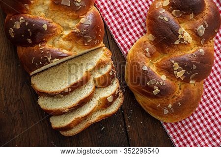 Easter Greek Tsoureki Braid, Sweet Bread Brioche On Wood