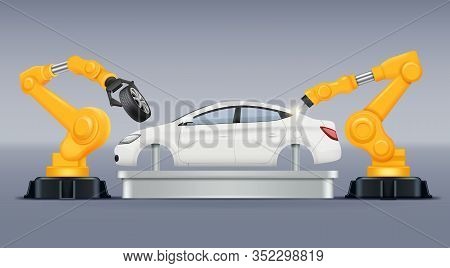 Industry Conveyor. Vehicle Production Manufacturing Processes Robotic Arms Helping Car Production Ve