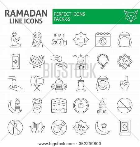 Ramadan Thin Line Icon Set, Islamic Holiday Symbols Collection, Vector Sketches, Logo Illustrations,