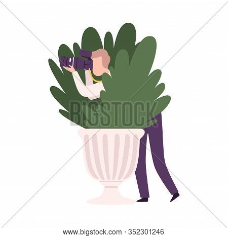 Paparazzi With Camera Sitting In Ambush, Male Photographer Following Celebrity Flat Vector Illustrat