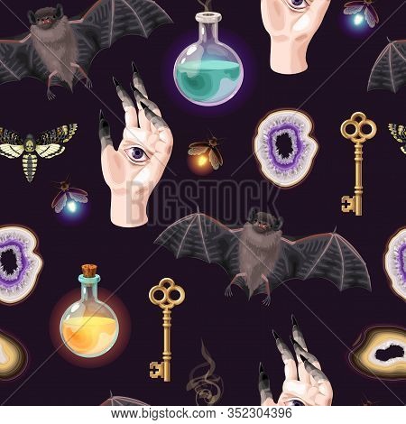 Magic Seamless Pattern With Glass Flask And Bats