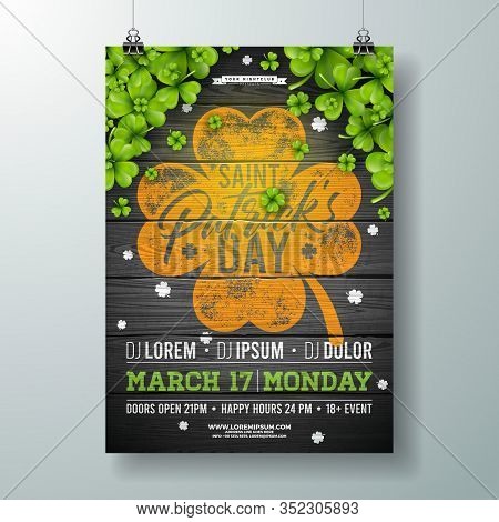 Saint Patricks Day Celebration Party Flyer Illustration With Clover And Typography Letter On Vintage