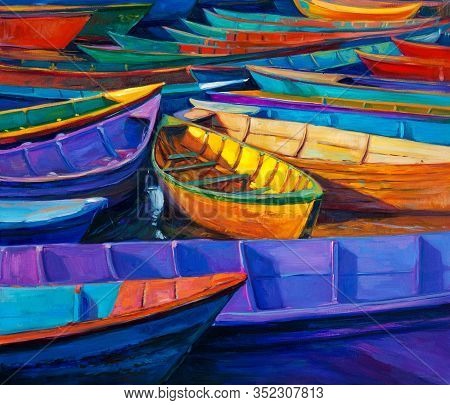 Original Oil Painting Of Boats And Jetty(pier) On Canvas. Sunset Over Ocean.modern Impressionism