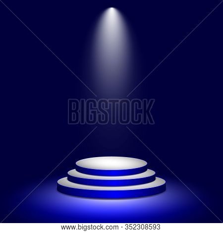 Stage Podium With Illuminated Lighting. Round White Pedestal On Blue Background. 3d Scene For Awards