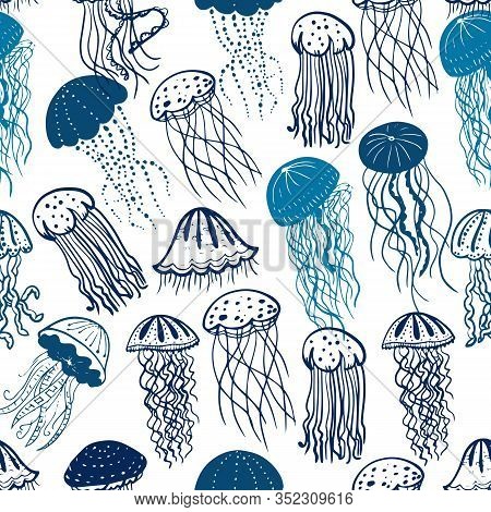 Vector Illustration Of Different Blue Silhouettes Jellyfish Seamless Surface Pattern