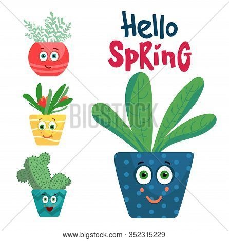 Set Funny Flower In Pot Characters With Face, Hands Vector Isolated On White Vector Illustration Col
