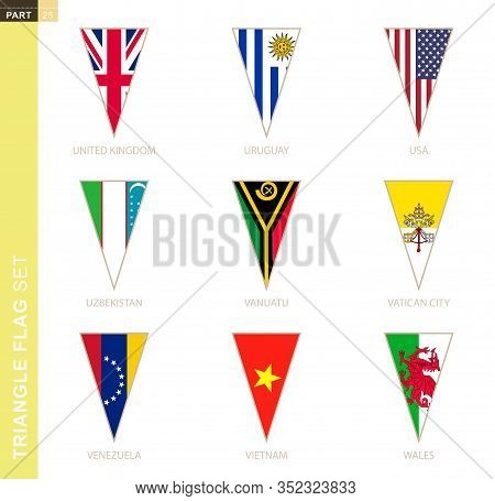 Triangle Flag Set, Stylized Country Flags Of United Kingdom, Uruguay, Usa, Uzbekistan, Vanuatu, Vati
