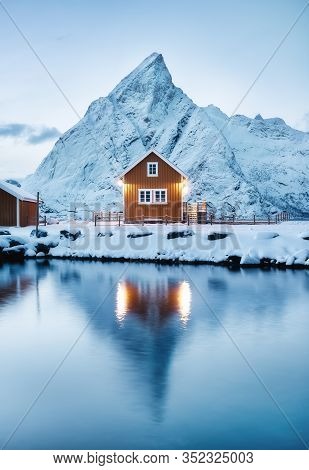 View On The House In The Sarkisoy Village, Lofoten Islands, Norway. Landscape In Winter Time During 