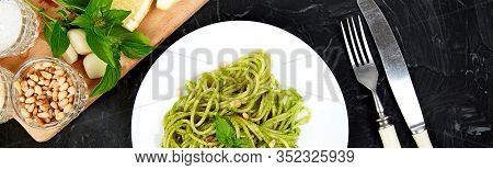 Banner Of Italian Pasta Spaghetti With Homemade Basil Pesto