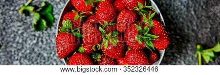 Banner Of Strawberries In Grey Bowl. Fresh Strawberries. Beautiful Strawberries.