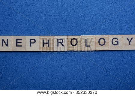Gray Word Nephrology From Small Wooden Letters On A Blue Table