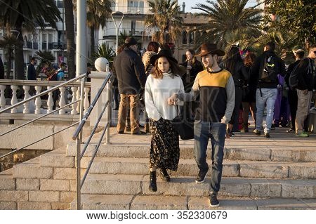 Sitges, Spain - February 23, 2020: People At Last Day Of Sitges Carnival. Burial Carnestoltes - 