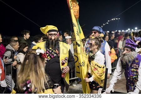Sitges, Spain - February 23, 2020: People At Last Day Of Sitges Carnival. Burial Carnestoltes - 