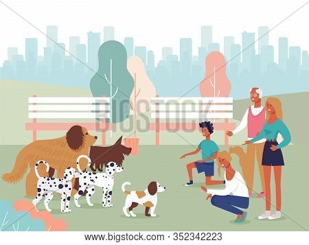 Happy Cartoon People Pets Owners Characters Playing With Dogs In City Park. Female And Male Competit