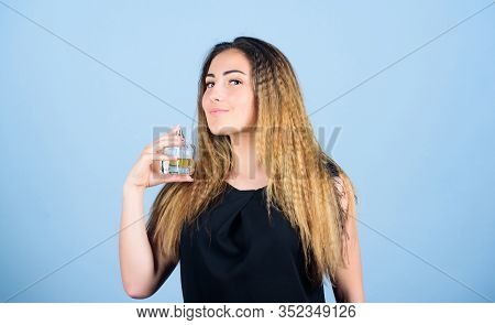 Beauty Never Sleeps. Sexy Girl Hold Perfume. Toilette Water. Woman With Bottle Of Perfume. Girl Appl