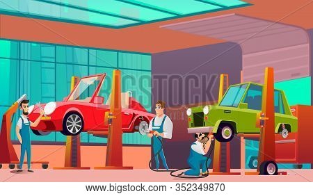 Professional Team Serve Two Cars With Broken Tires. Mechanics Or Technician Male Group In Uniform At