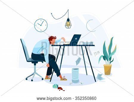 Burnout Concept Vector Background. Tired Male Office Worker Sitting On The Chair And Trying Work At 