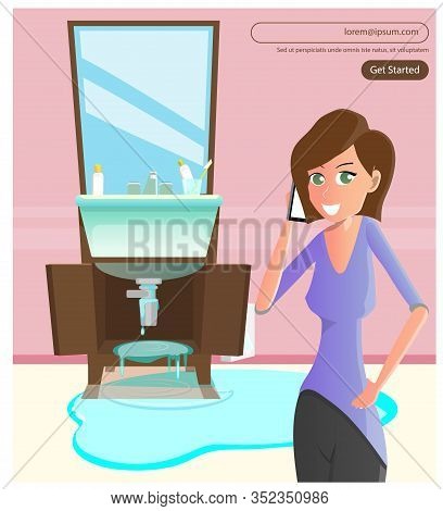 Woman Phoning Plumber Standing In Bathroom Flat Cartoon Vector Illustration. Problems With Demaged P